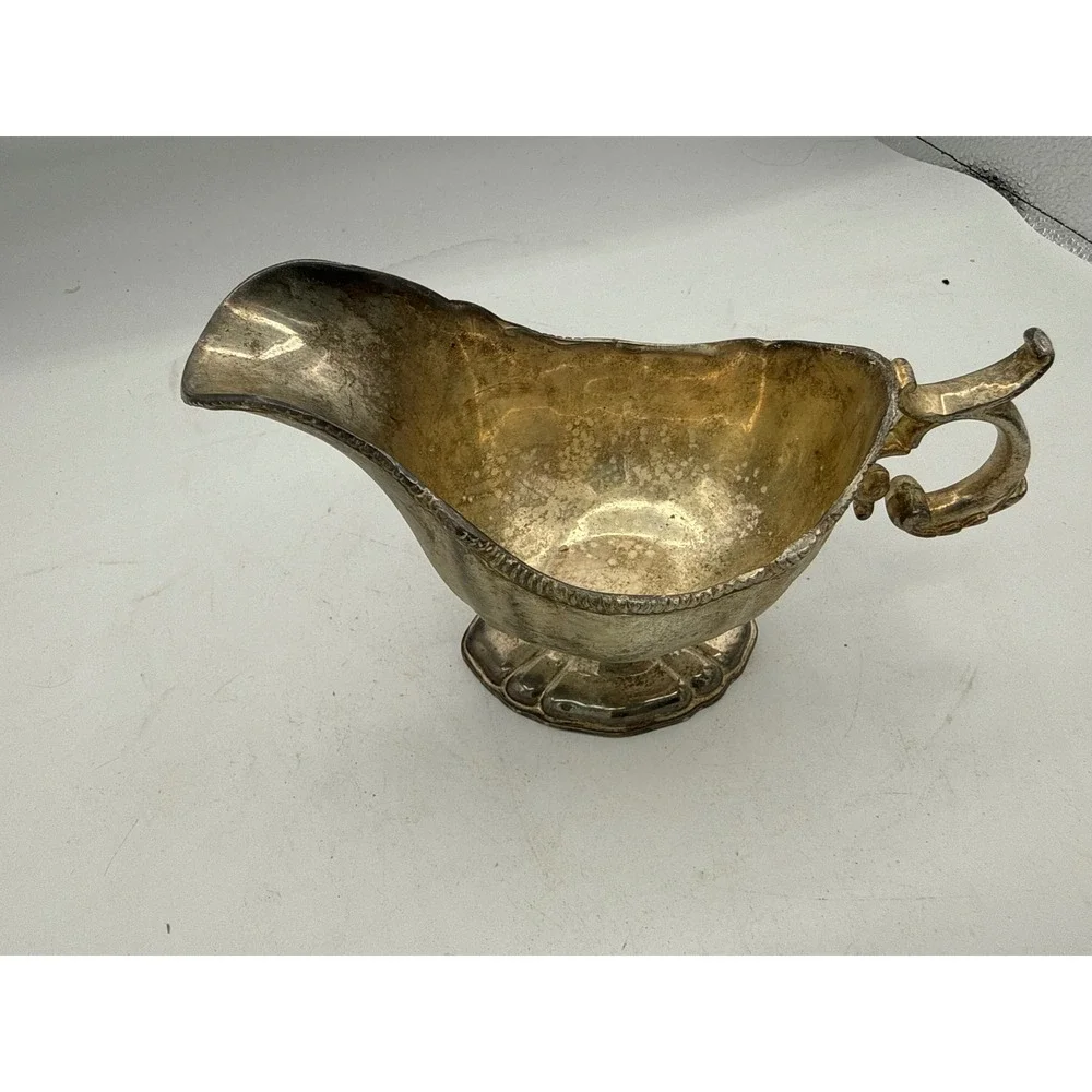 Vintage Silver Plated Footed Gravy Boat Scrolled Handle Tarnished Scalloped Base